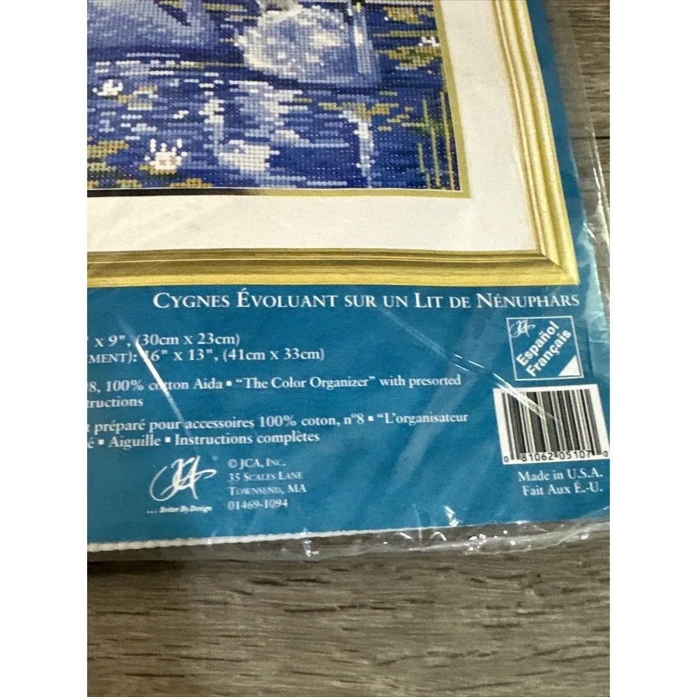 Needle Treasure Cross Stitch Kit Swans Lily Pond 05107 Blue White  Large Count